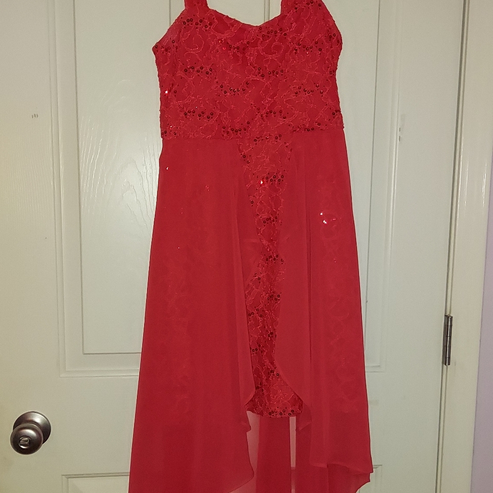 Tween Diva deep Coral dress with high-low overskirt.
